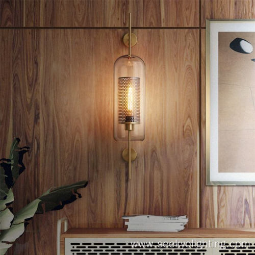 Long glass gold metal mesh wall light